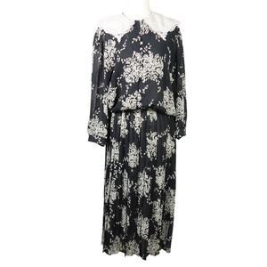 Vintage 80s black and cream floral print collared midi dress 12